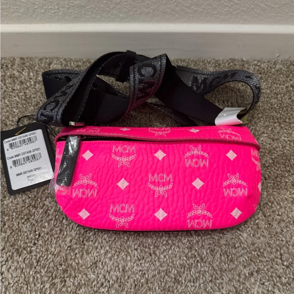 MCM Neon Pink mini Aren Visetos Logo Crossbody/Belt Bag - Picture 1 of 3